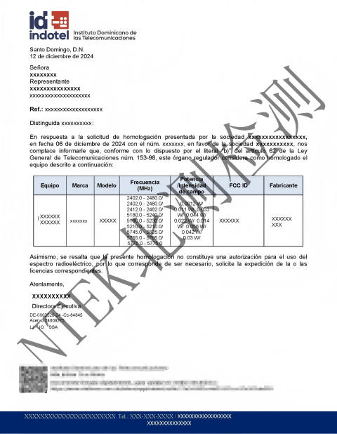 多米尼加INDOTEL認證證書